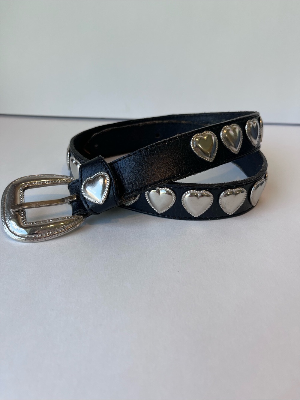 Vintage Leather Shop Black Leather Silver Hearts Belt